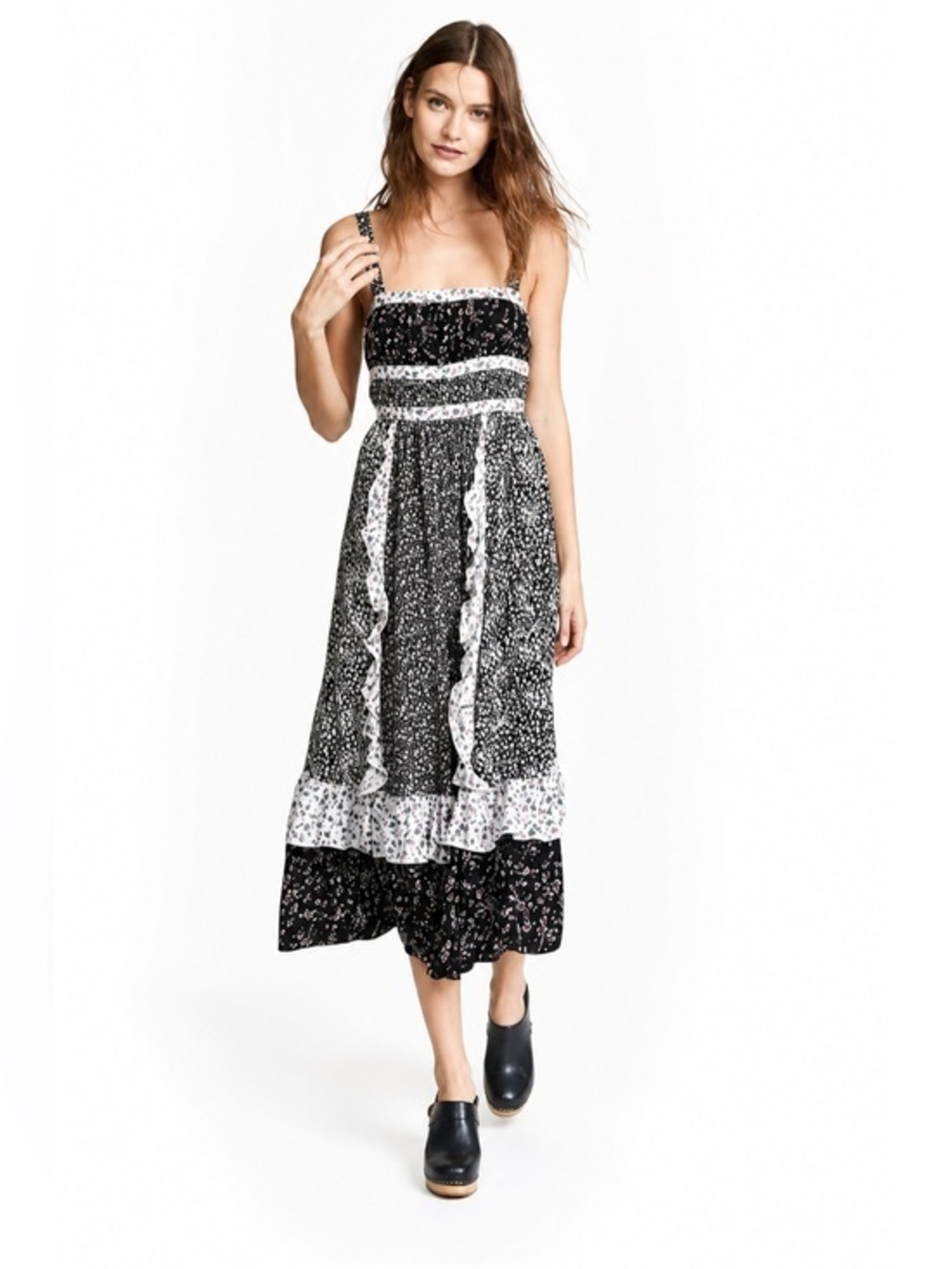 Free People Yesica Midi Maxi Dress Black Floral Boho Prairie Patchwork 0 XS